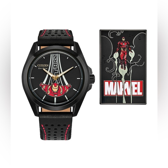 Citizen Marvel Disney Official Iron Man Stainless Steel Leather Watch & Pin,NWT - Picture 2 of 13